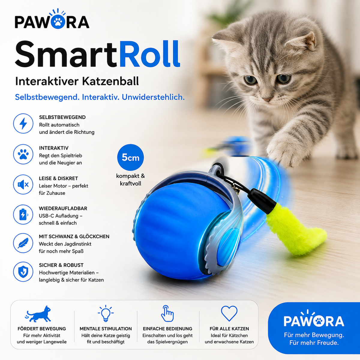 Pawora SmartPlay – Interaktiver Katzenball mit Bewegungssensor