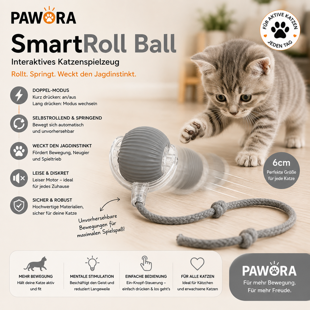 Pawora SmartPlay – Interaktiver Katzenball mit Bewegungssensor