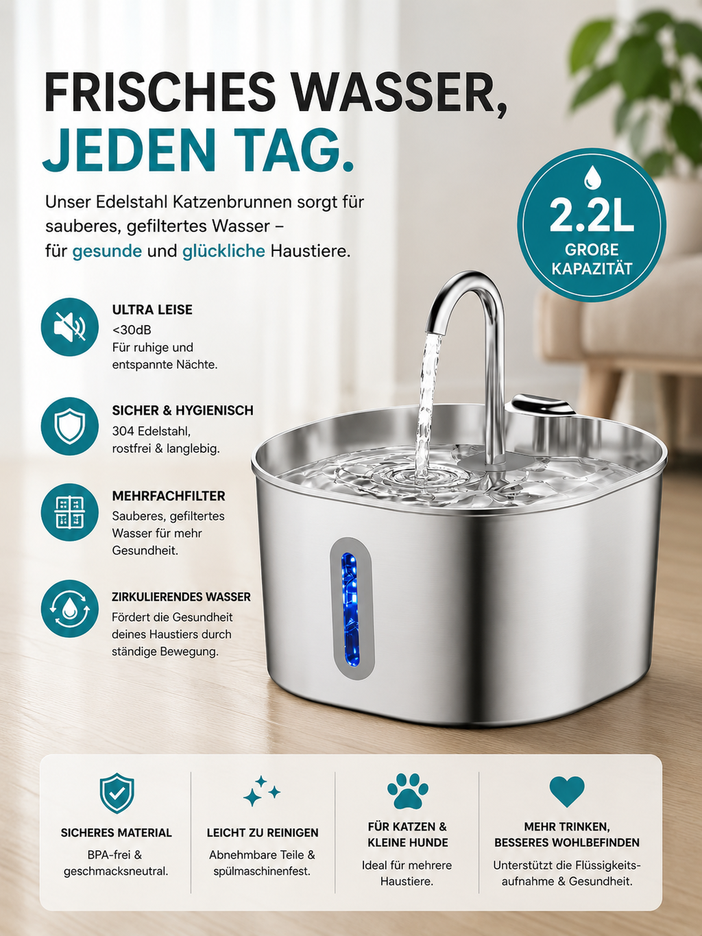 Pawora Edelstahl Trinkbrunnen für Katzen – 2,2 L, leise Wasserpumpe