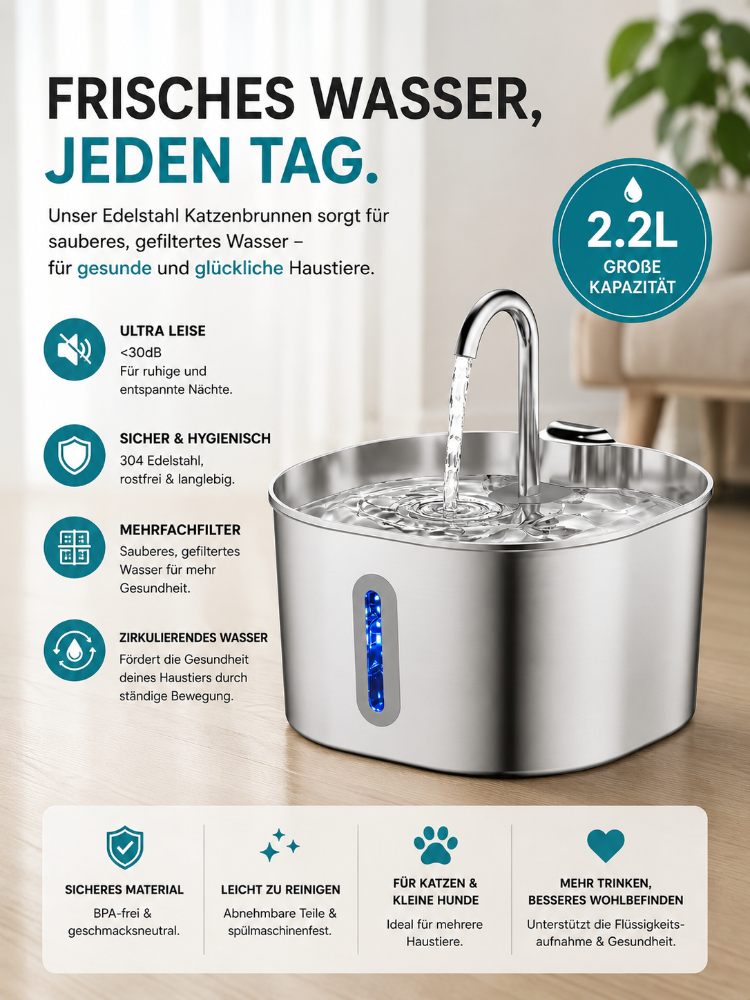 Pawora Edelstahl Trinkbrunnen für Katzen – 2,2 L, leise Wasserpumpe
