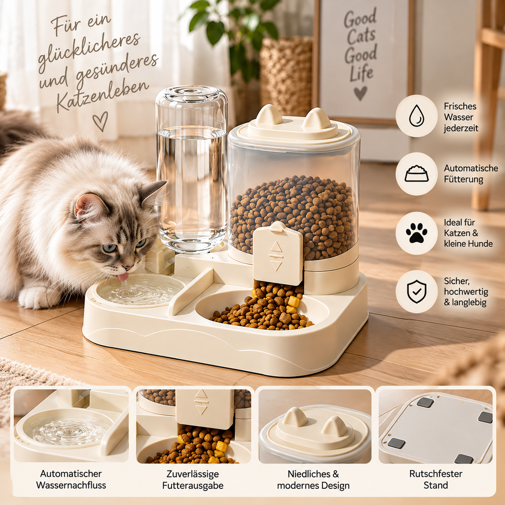 2-in-1 Fressnapf mit Wasserspender für Katzen & Hunde