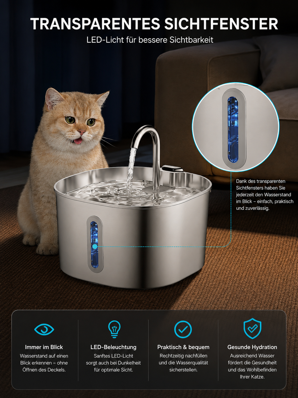 Pawora Edelstahl Trinkbrunnen für Katzen – 2,2 L, leise Wasserpumpe