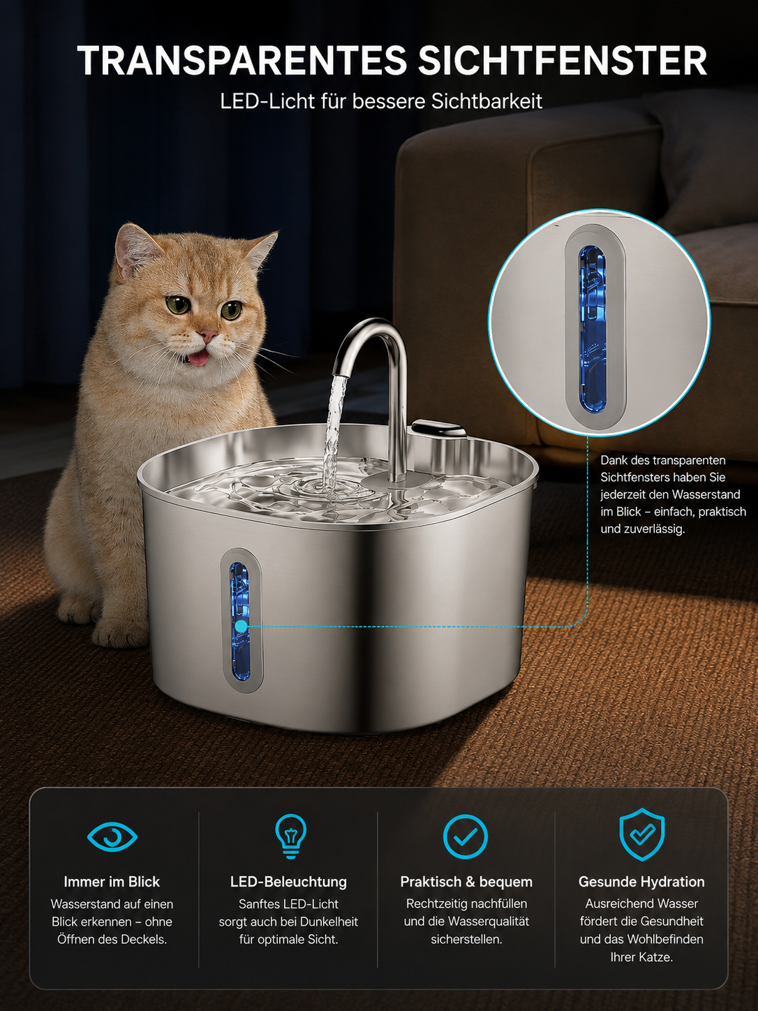 Pawora Edelstahl Trinkbrunnen für Katzen – 2,2 L, leise Wasserpumpe