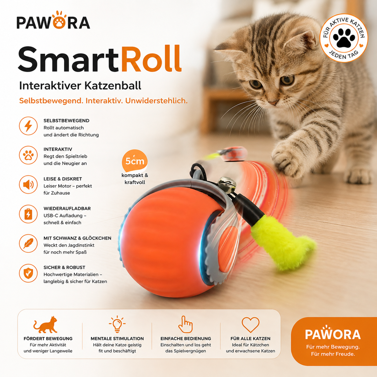 Pawora SmartPlay – Interaktiver Katzenball mit Bewegungssensor