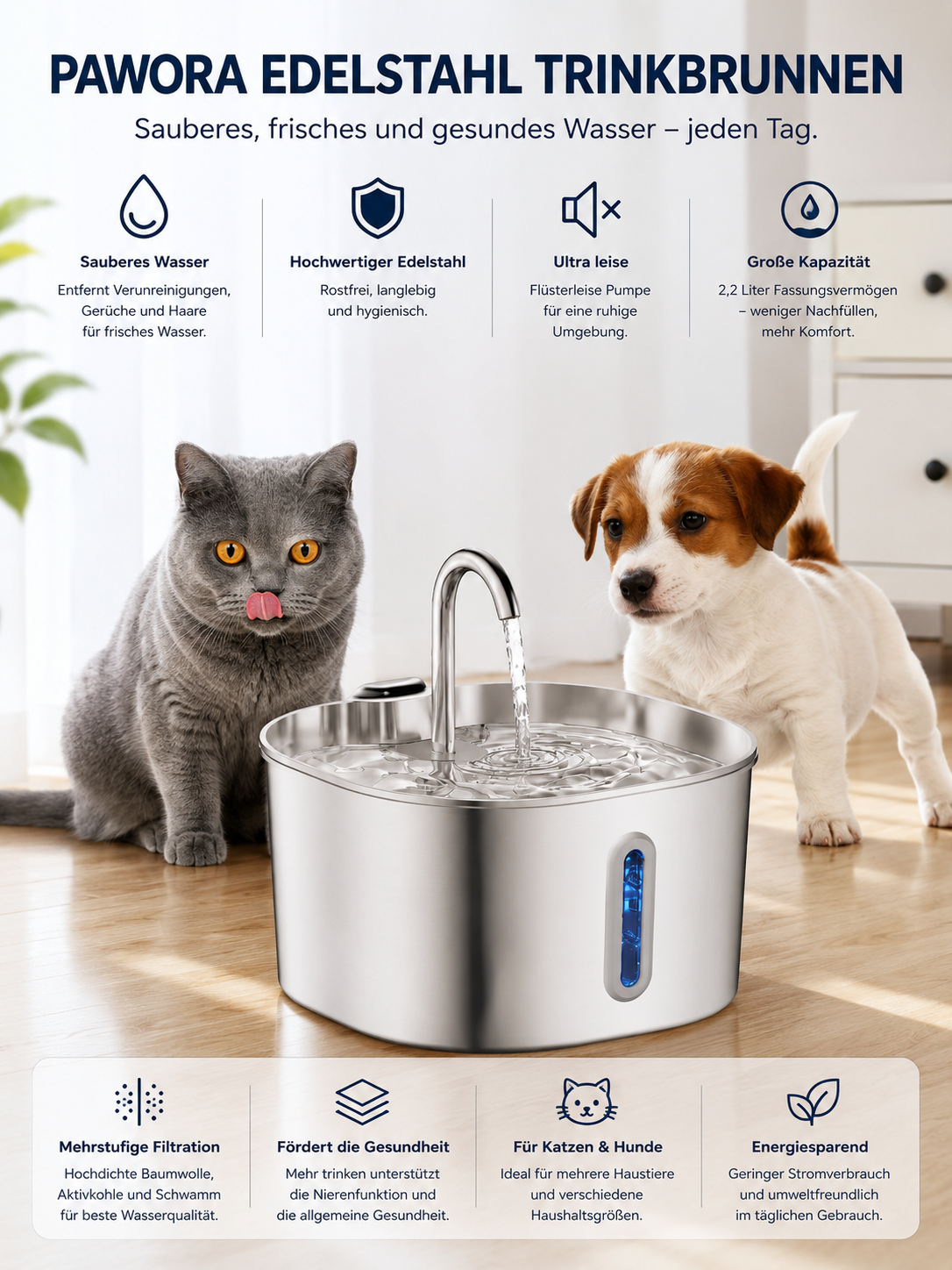 Pawora Edelstahl Trinkbrunnen für Katzen – 2,2 L, leise Wasserpumpe