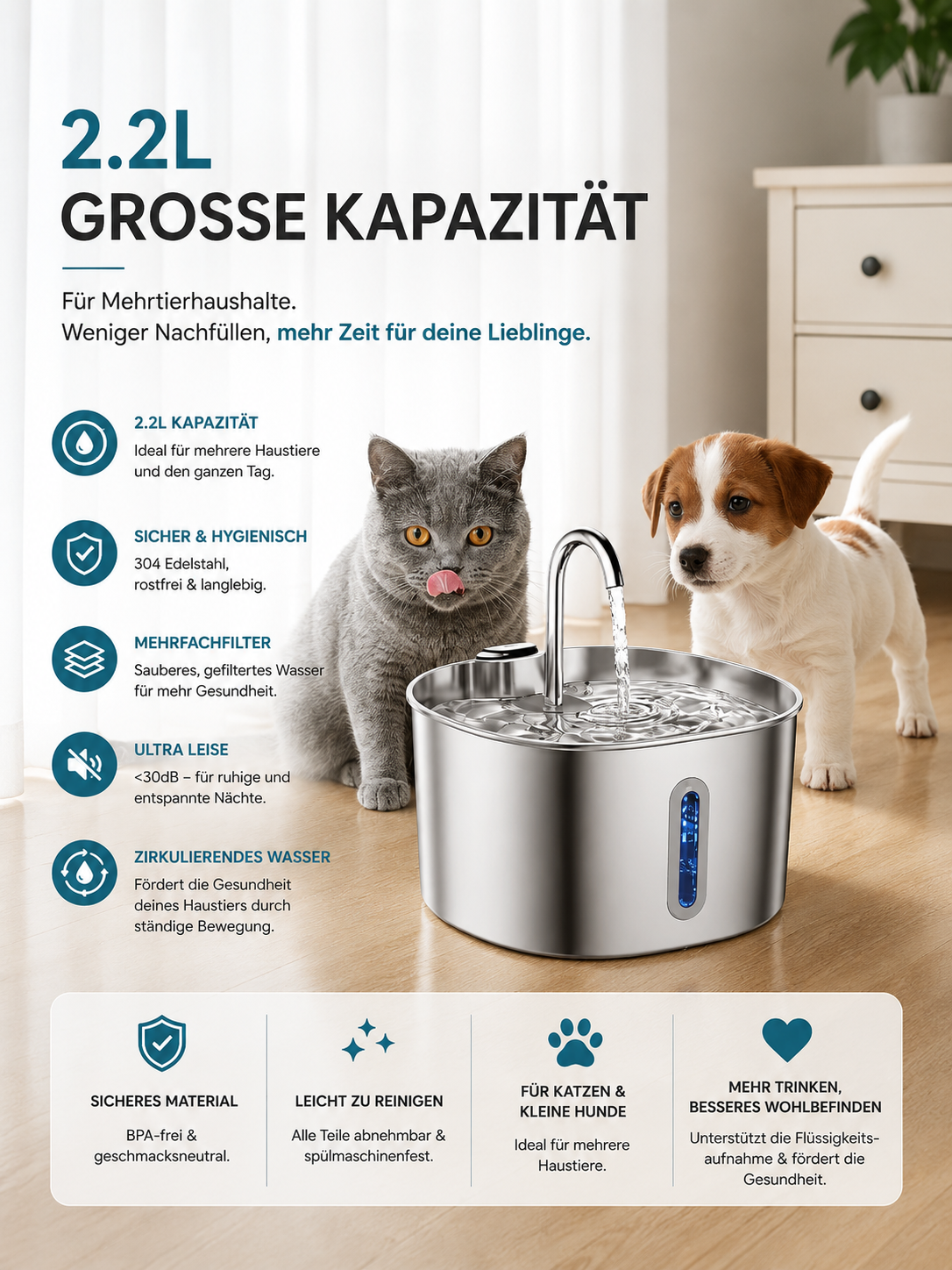 Pawora Edelstahl Trinkbrunnen für Katzen – 2,2 L, leise Wasserpumpe