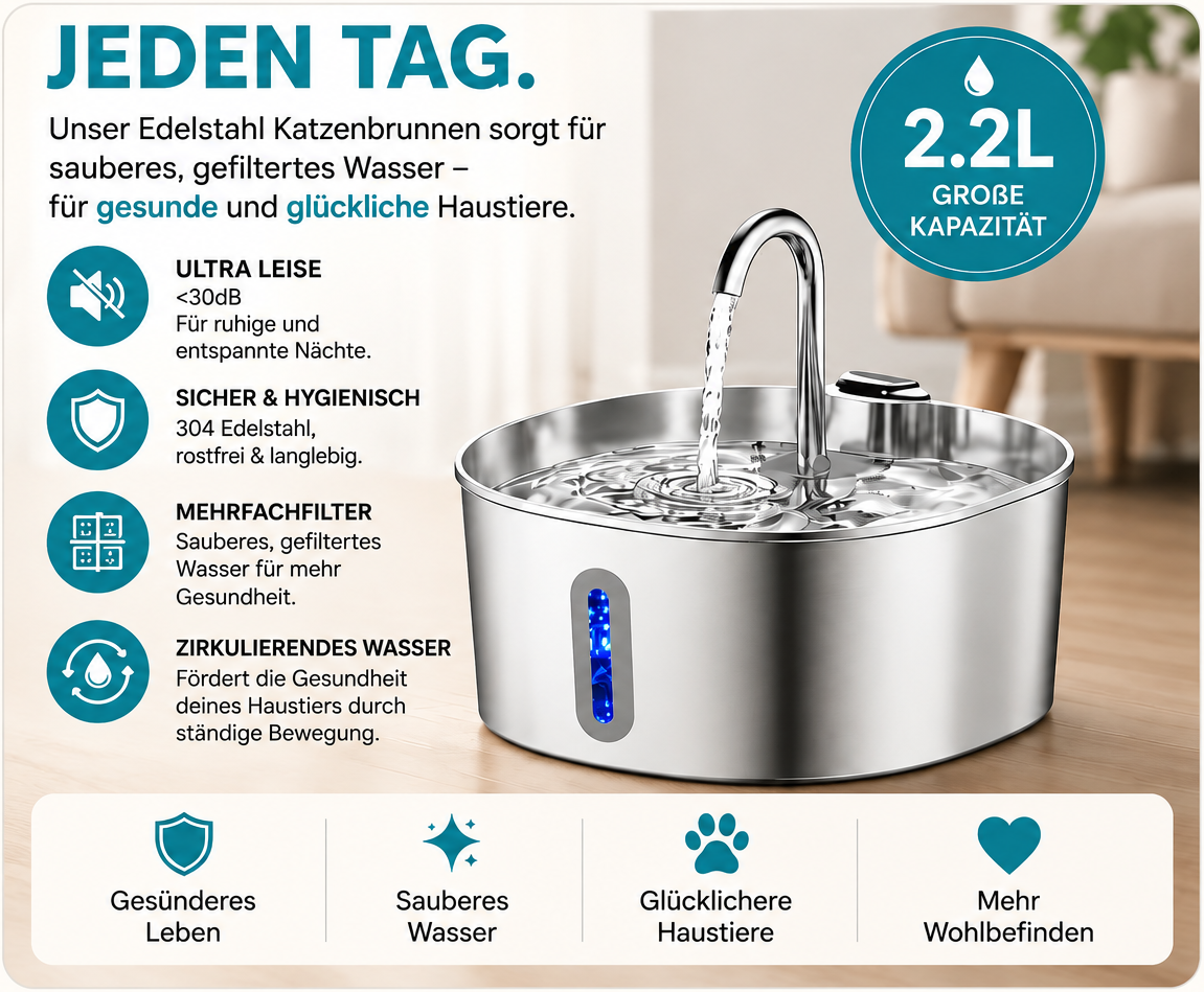 Pawora Edelstahl Trinkbrunnen für Katzen – 2,2 L, leise Wasserpumpe